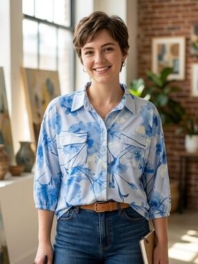 NWT Ava & Grace Blue Floral Button Up Blouse XL 3/4 Sleeve Pocket Top